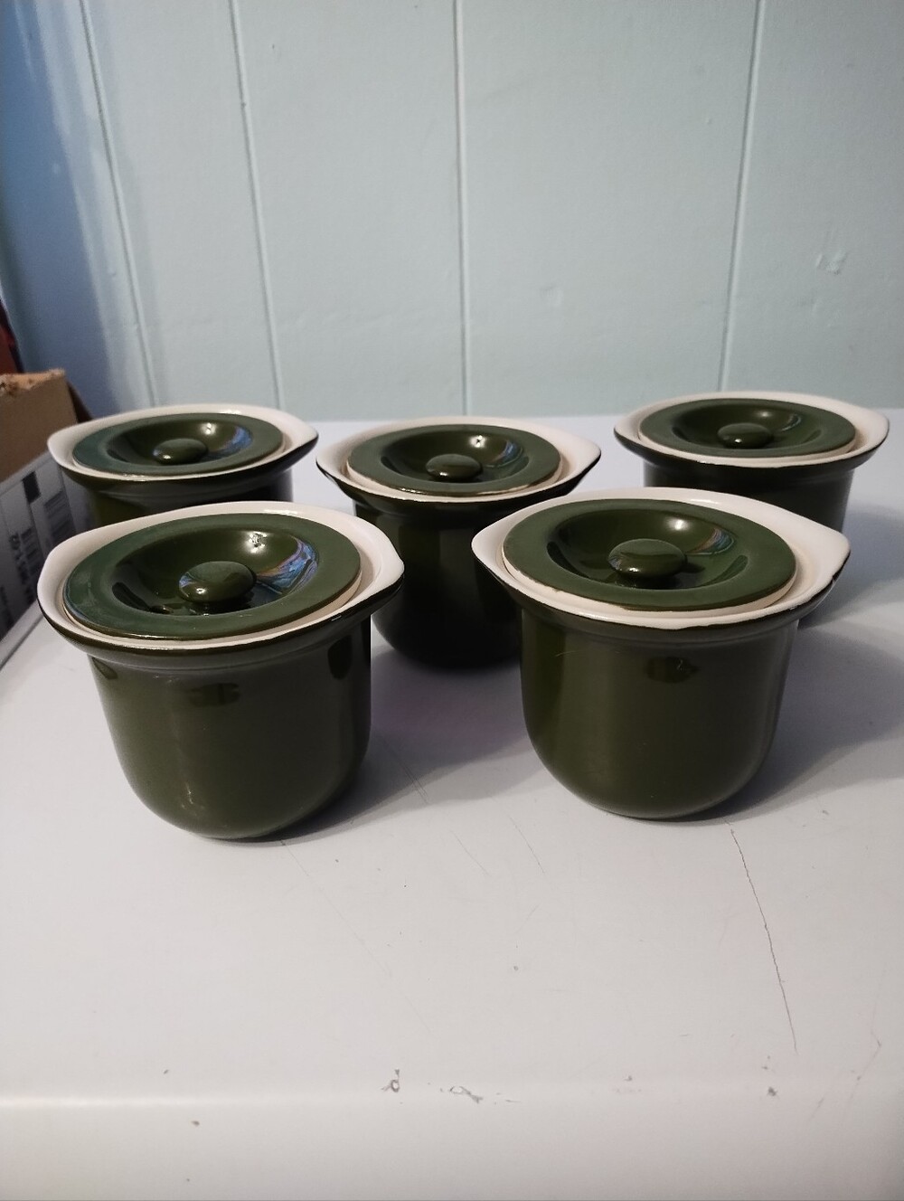 Vintage Hall China Forest Green Ceramic Bean Pots/Marmites with Lids - Set of 5